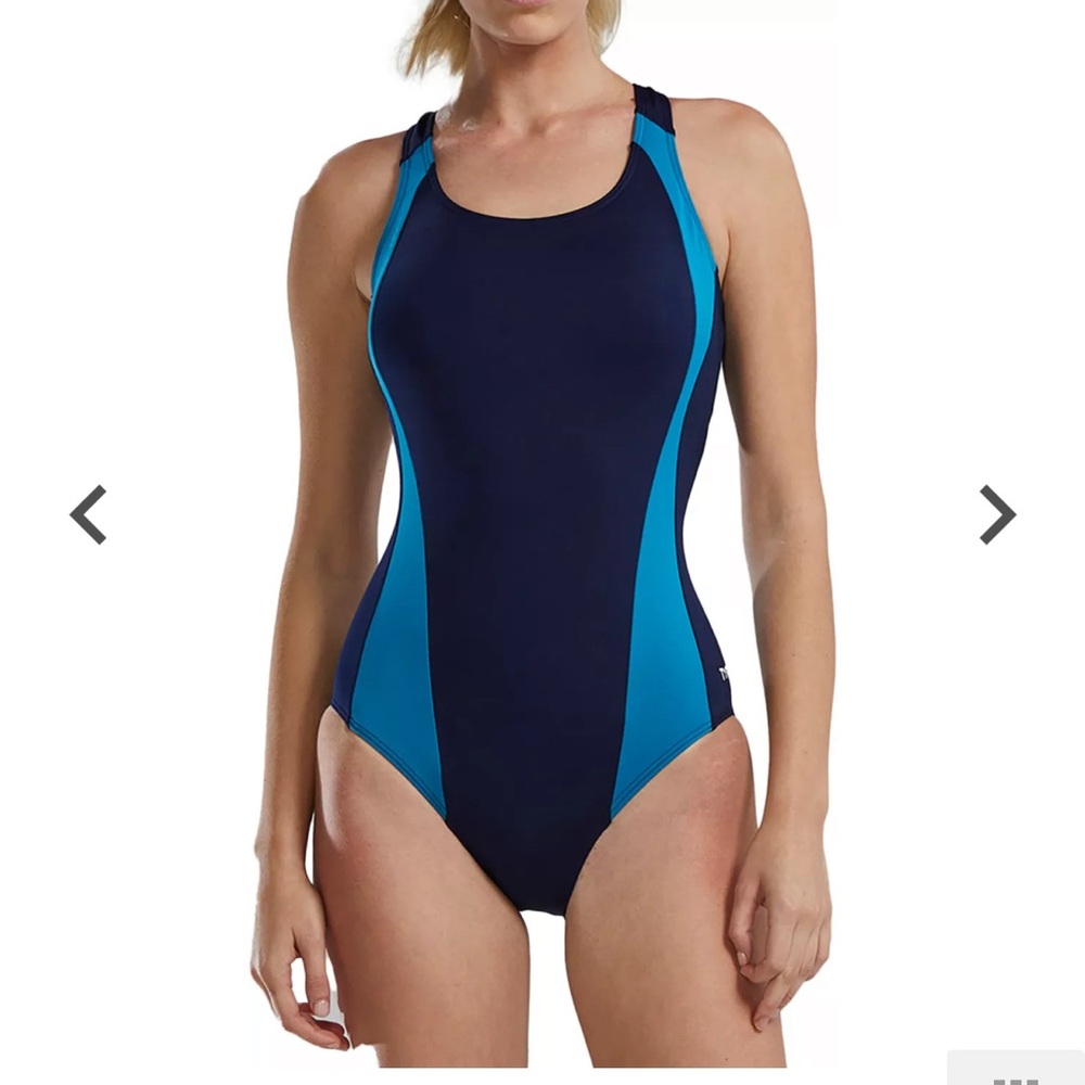 TYR Women's Maddie‎ Splice One-Piece Swimsuit Navy Turquoise Blue NWT Athletic
